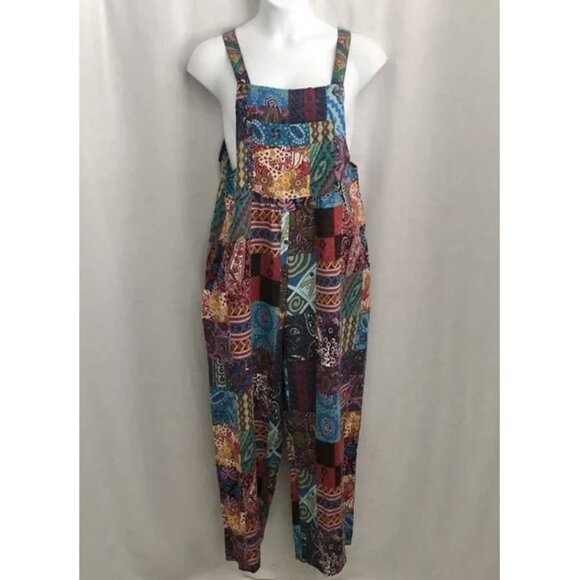 Patchwork Colorful Boho Hippie Overalls Cotton Blend Wide Leg XL - Picture 1 of 10